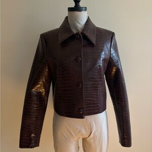 Mango Doris Croc-Embossed Burgundy Button Front Jacket